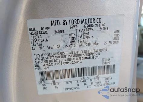 2009 Mercury Mariner Hybrid from USA, damaged, VIN 4M2CU293X9KJ20913